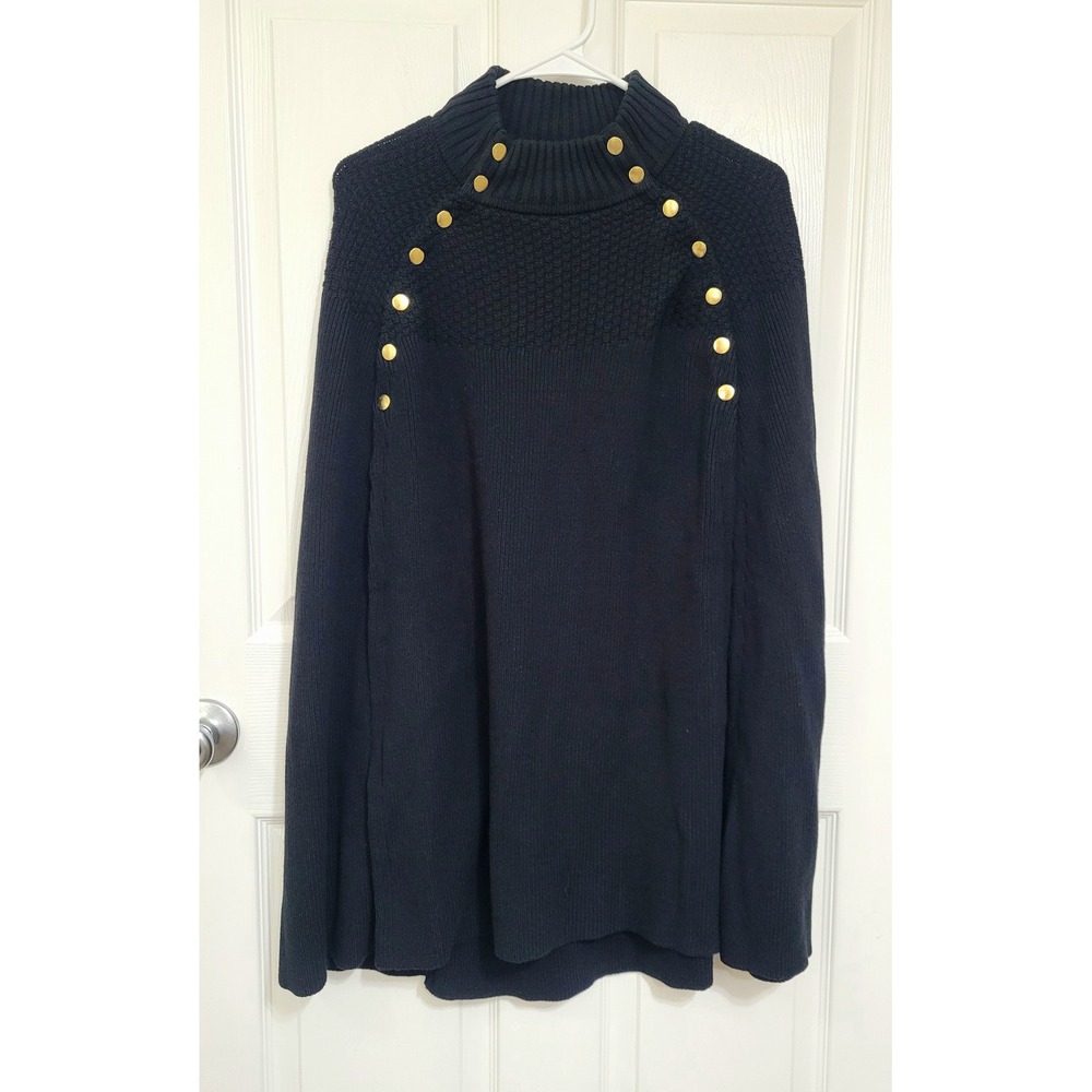 Gilli Black Knit Cape Sweater Gold Button Mock Neck M/L NWOT